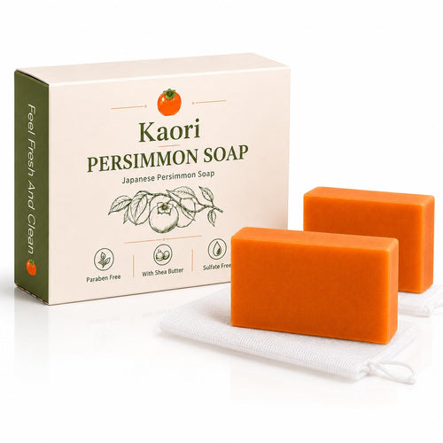 Tavori Japanese Persimmon Soap — box with two persimmon-tannin bars and mesh lathering pouches