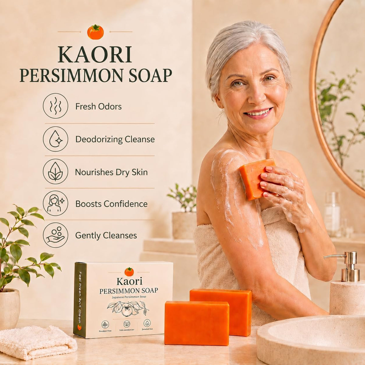 Woman lathering the persimmon bar on her shoulder at the basin