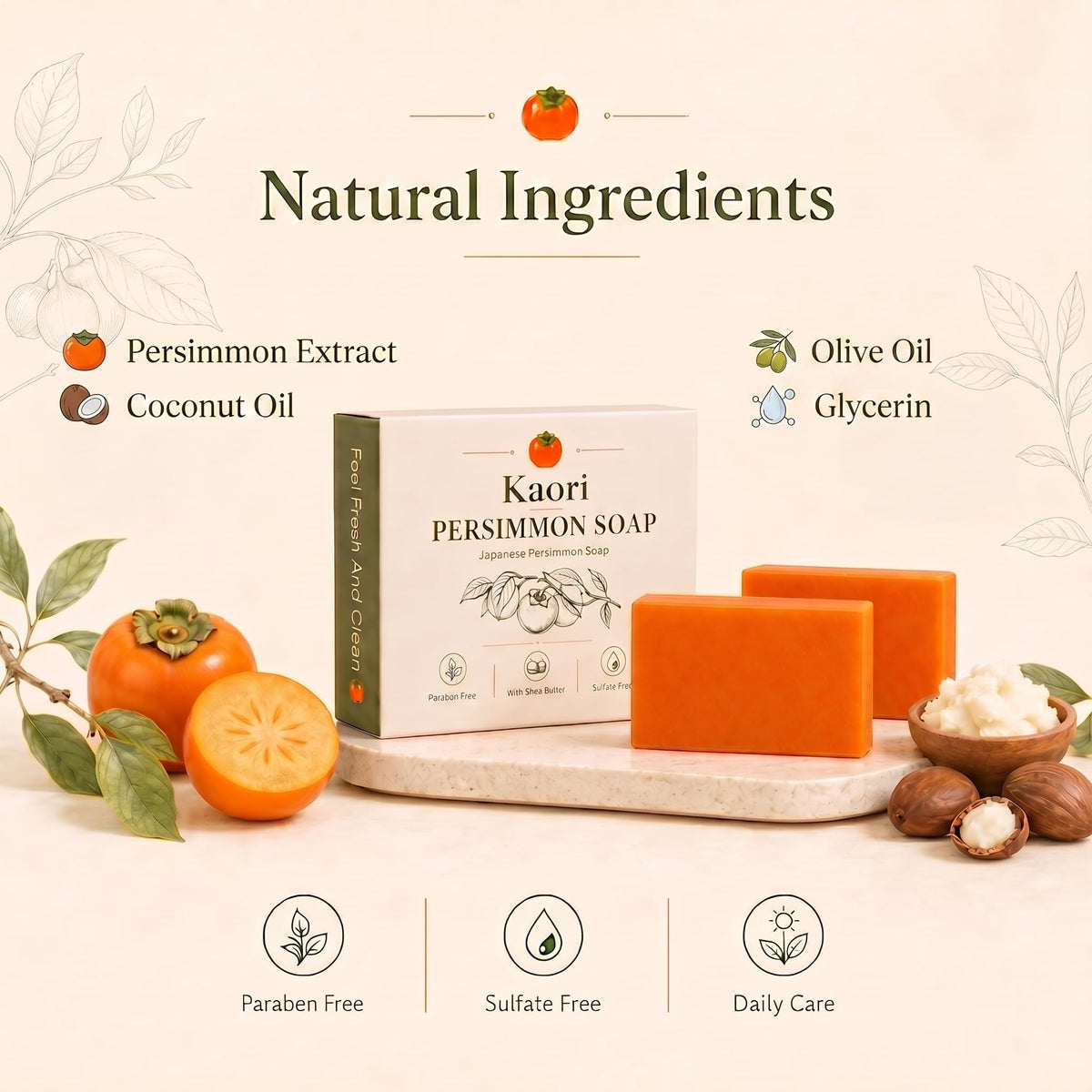 Natural ingredients — persimmon extract, coconut oil, olive oil, glycerin