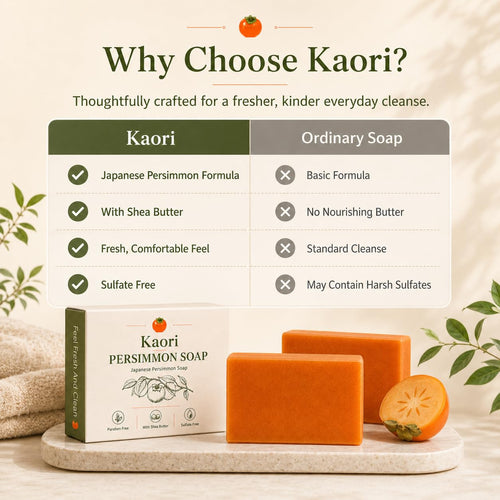 Why choose Tavori — Japanese persimmon formula, shea butter, sulfate free, versus ordinary soap