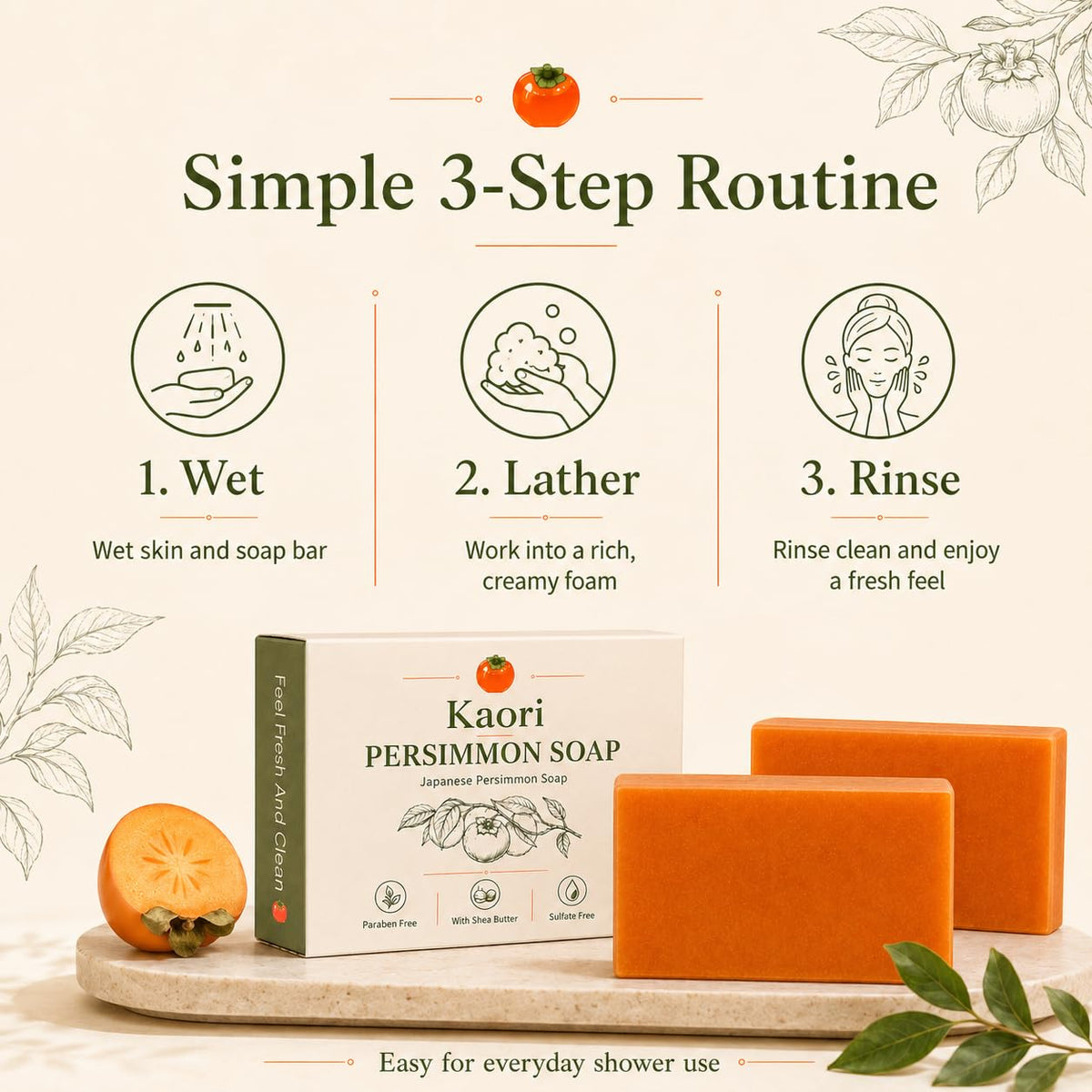 Simple three-step routine — wet, lather, rinse