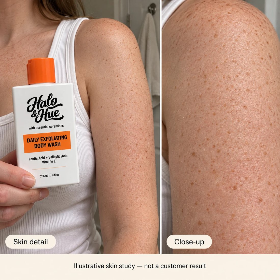 Exfoliating Body Wash held next to an arm with textured skin