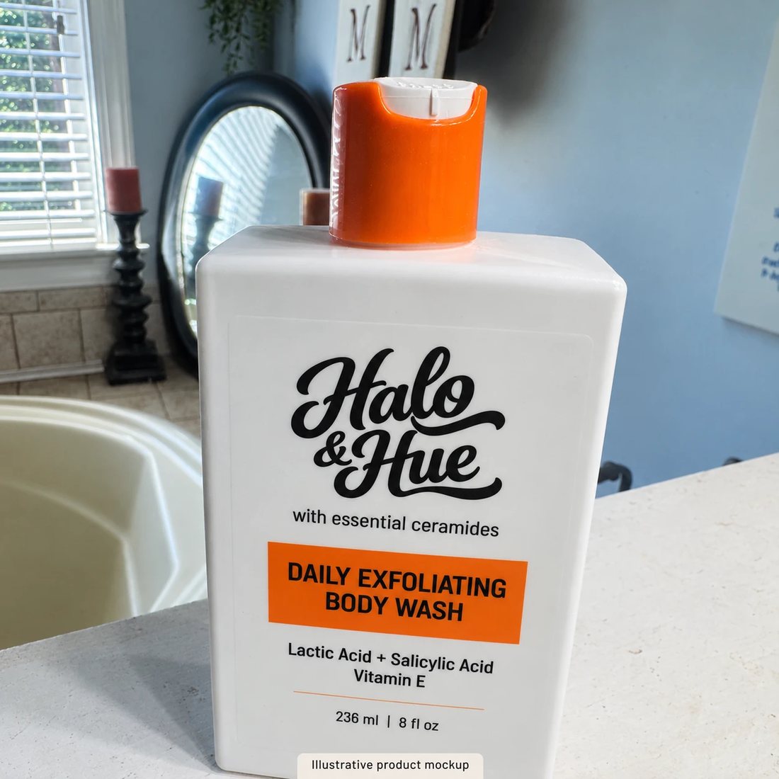 Exfoliating Body Wash on a bathroom counter