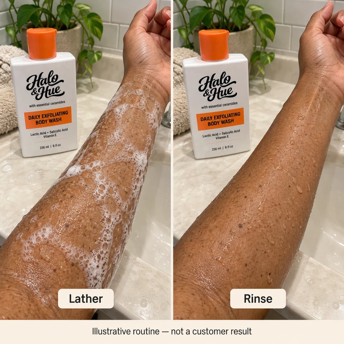 Exfoliating body wash lathered on a forearm, then rinsed